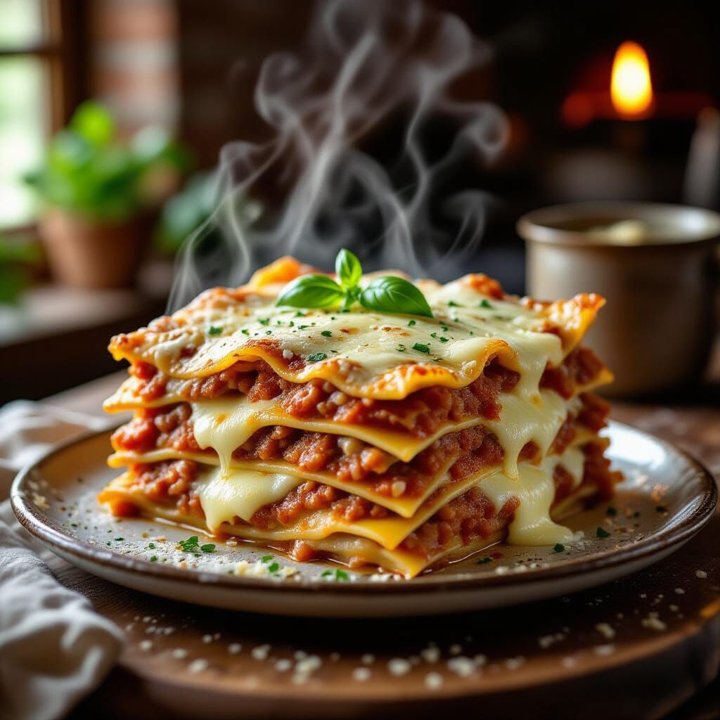 Steaming Lasagne with Melted Cheese in Rustic Italian Kitche...