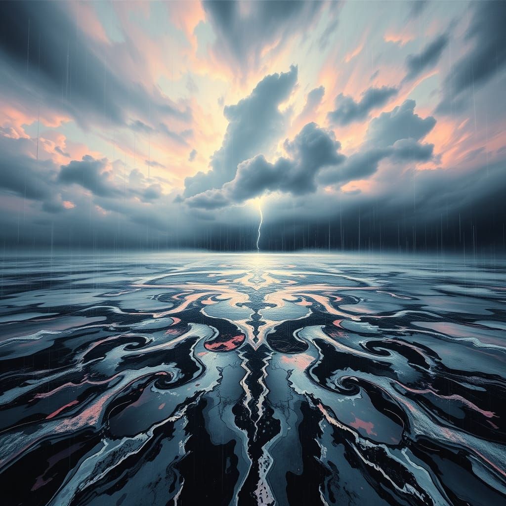 Ethereal Dawn with Rorschach-Inspired Rain and Thunderstorm