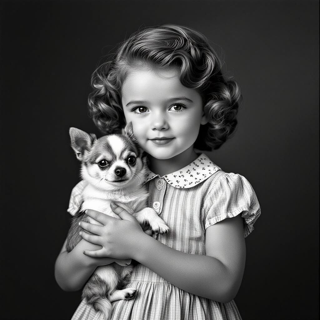 Shirley Temple as a Child Holding a Chihuahua in B&W