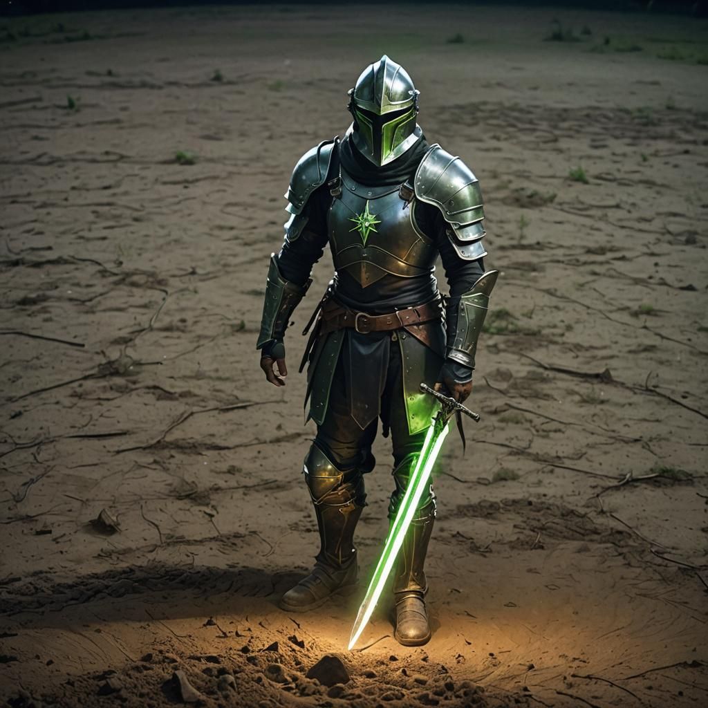 Warrior with Glowing Sword in Starry Field