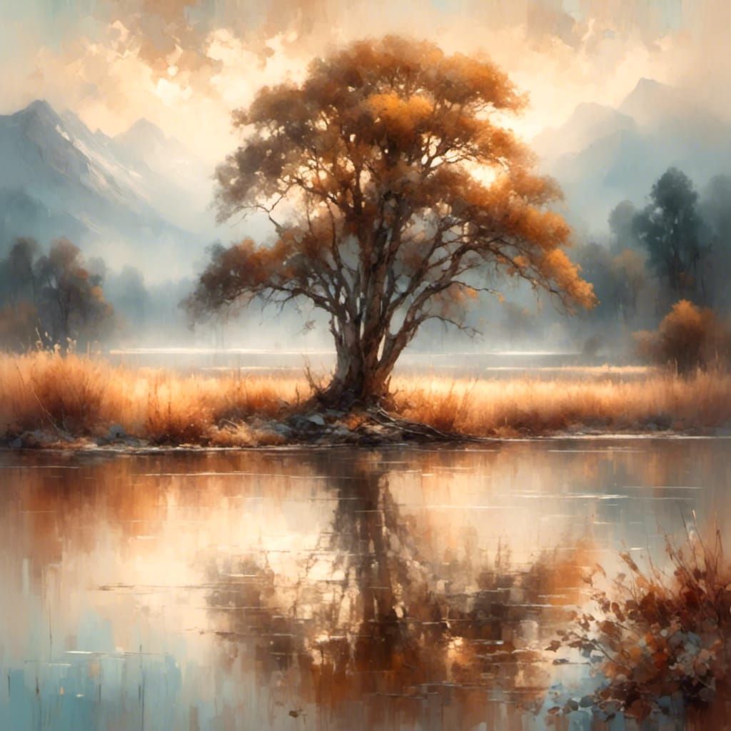 Serene Sunset Landscape: An Oil Painting Masterpiece