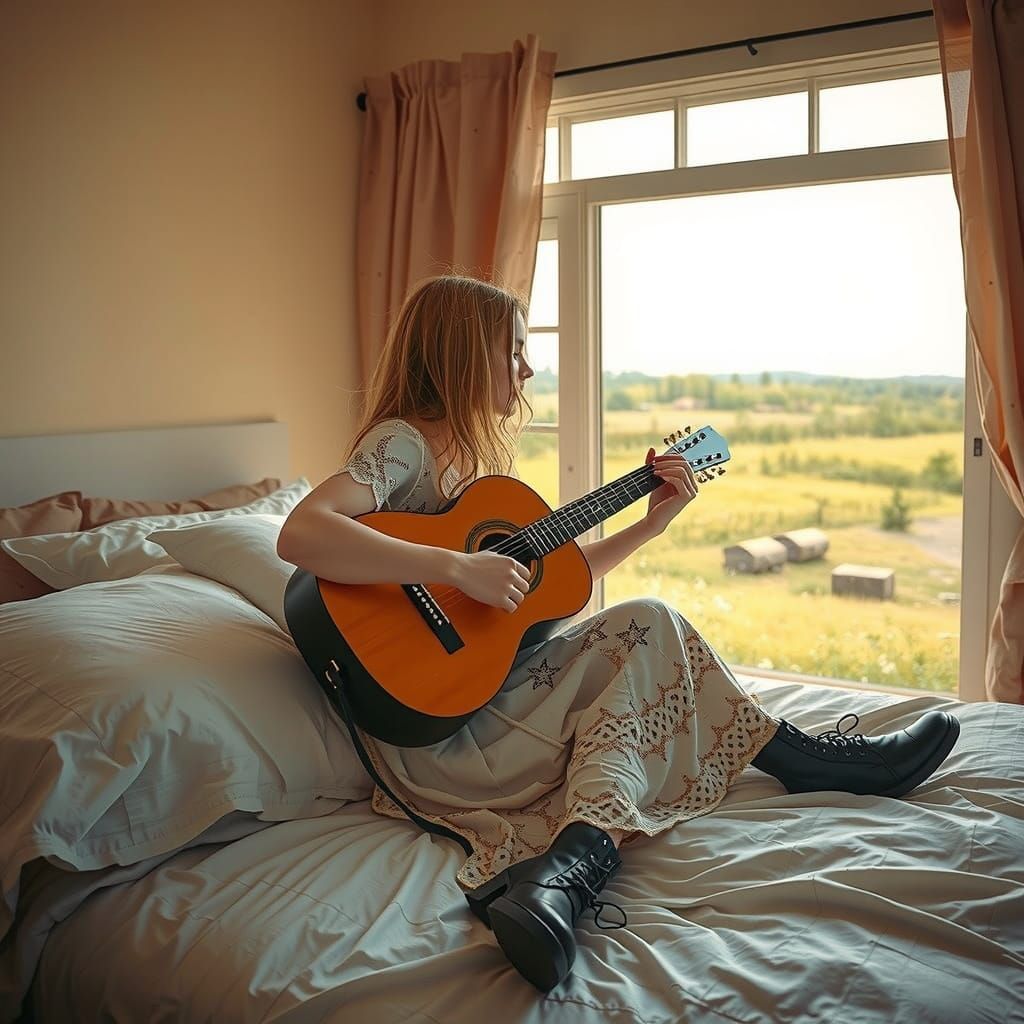 Dreamy Young Woman in Whimsical Countryside Scene