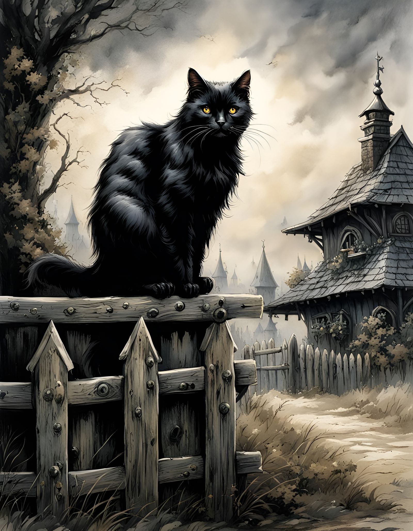 Dark Fantasy Cat on a Fence, Comic Illustration