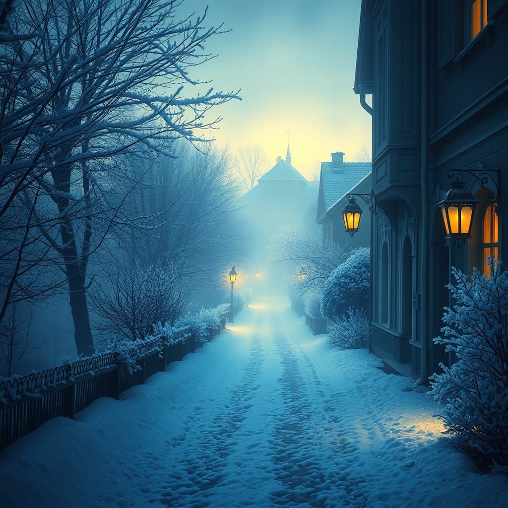 Mysterious Old Town Path in Ethereal Night Fog