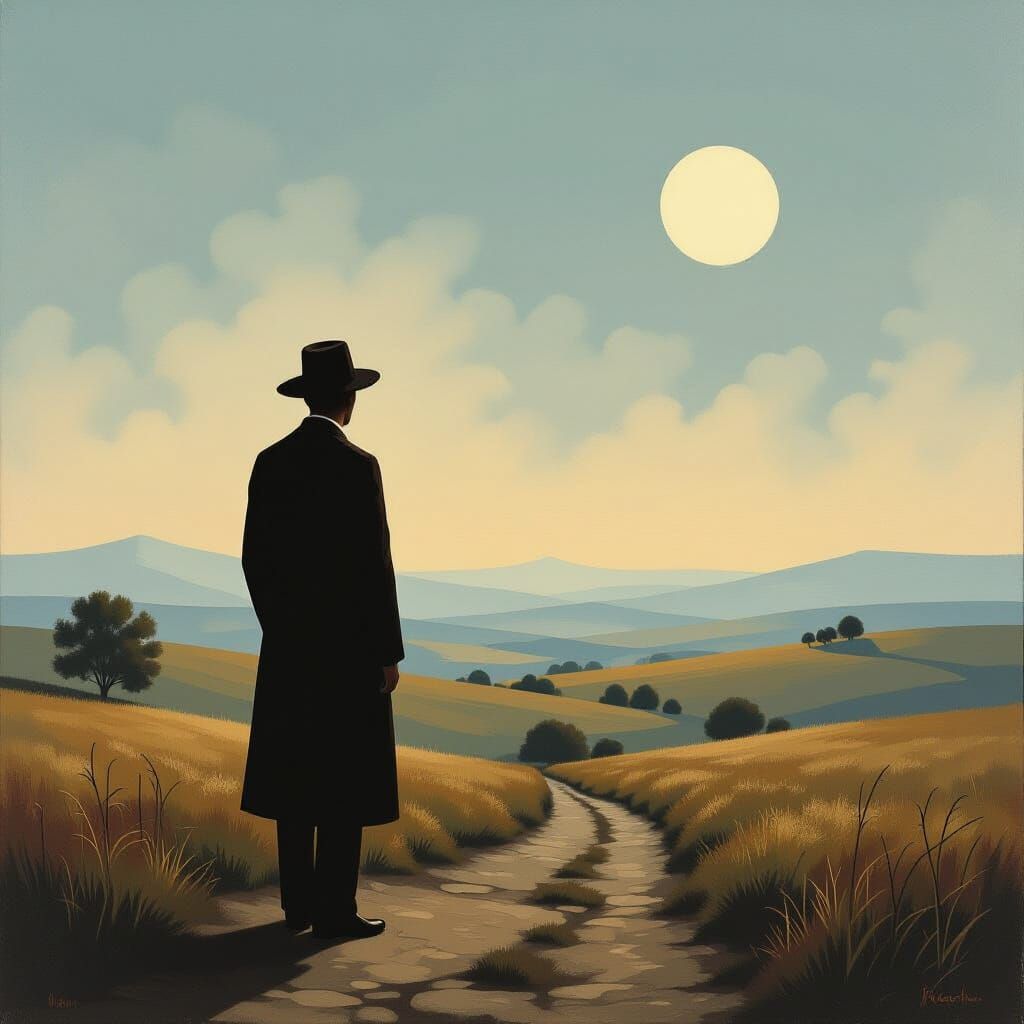 Surreal Figure in Twilight Landscape, Magritte Style