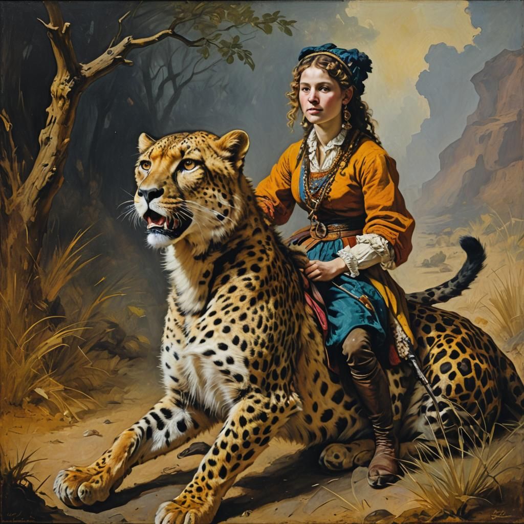 Girl Rides Cheetah: Multicolored Oil Painting