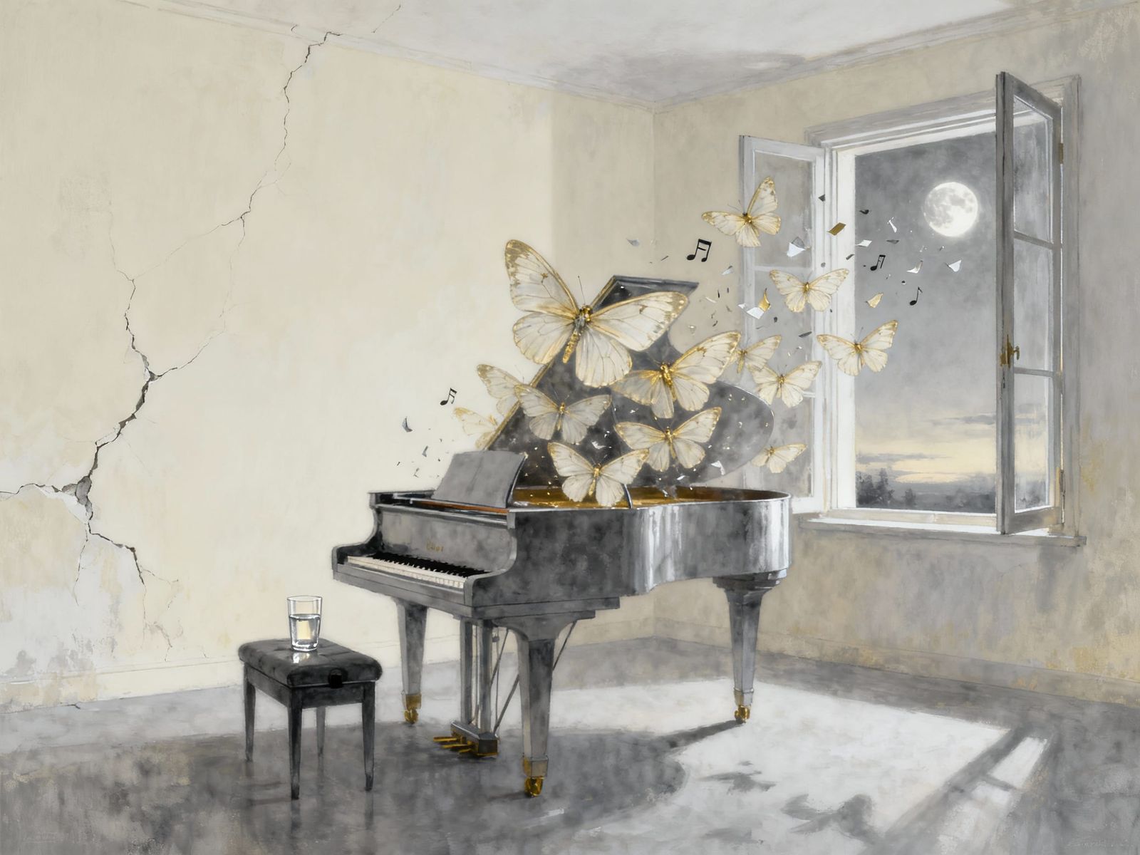 Grand Piano Transforms Into Moths in Dawn Light