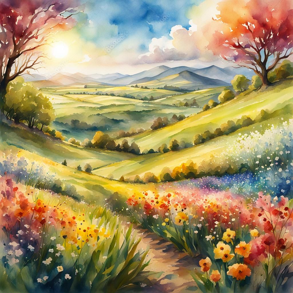 Fields and Hills in Spring Watercolor Painting