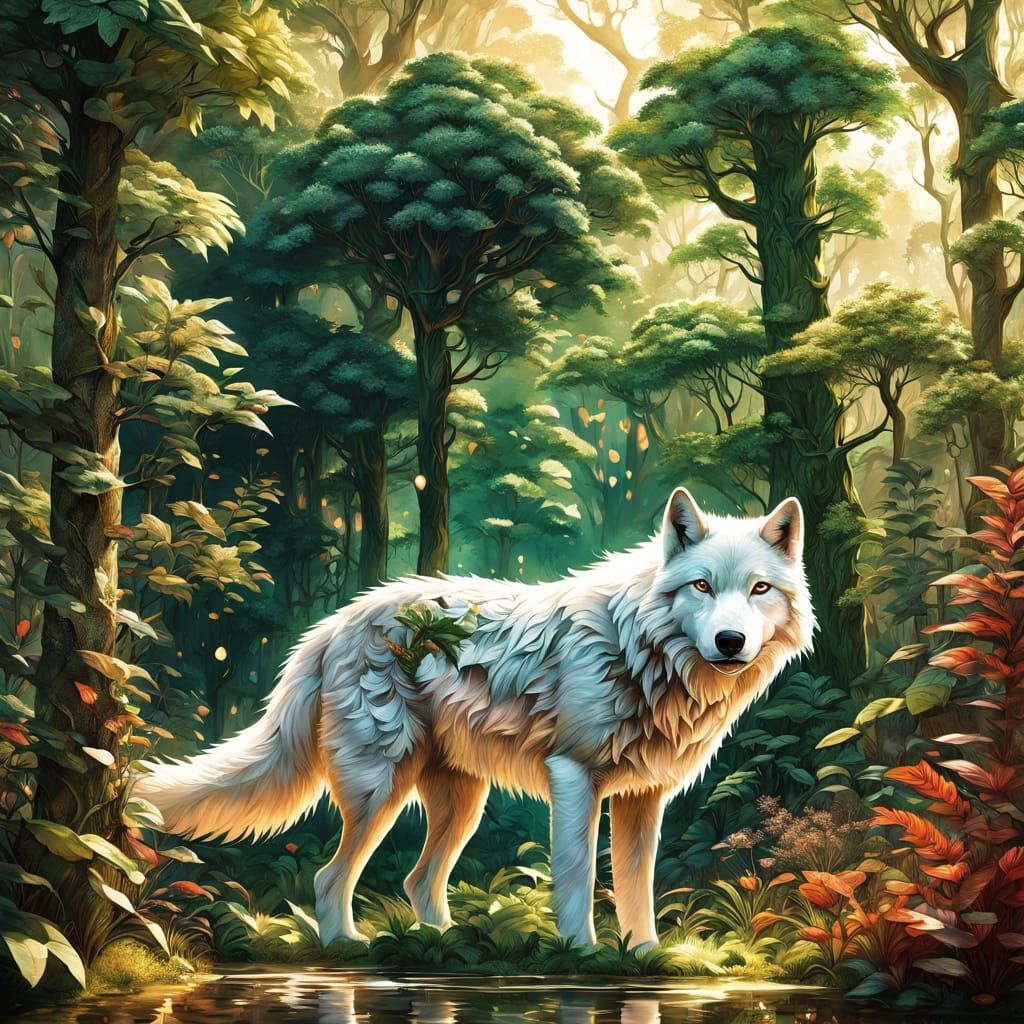 Majestic White Wolf in Vibrant Forest Landscape
