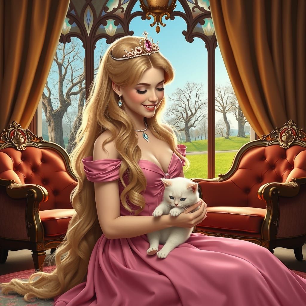 Princess Aurora with Kitten, Digital Art Portrait