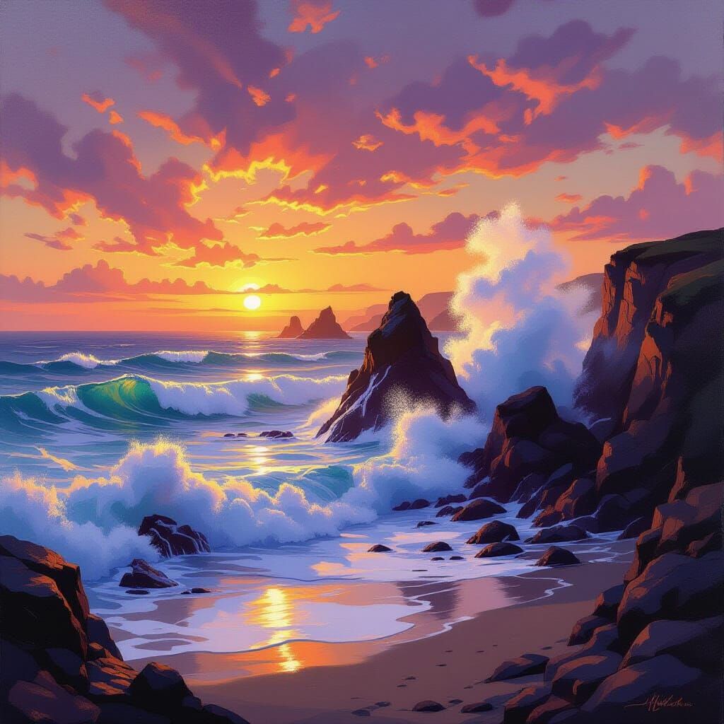 Golden Sunset Over Rugged Coastline with Crashing Waves