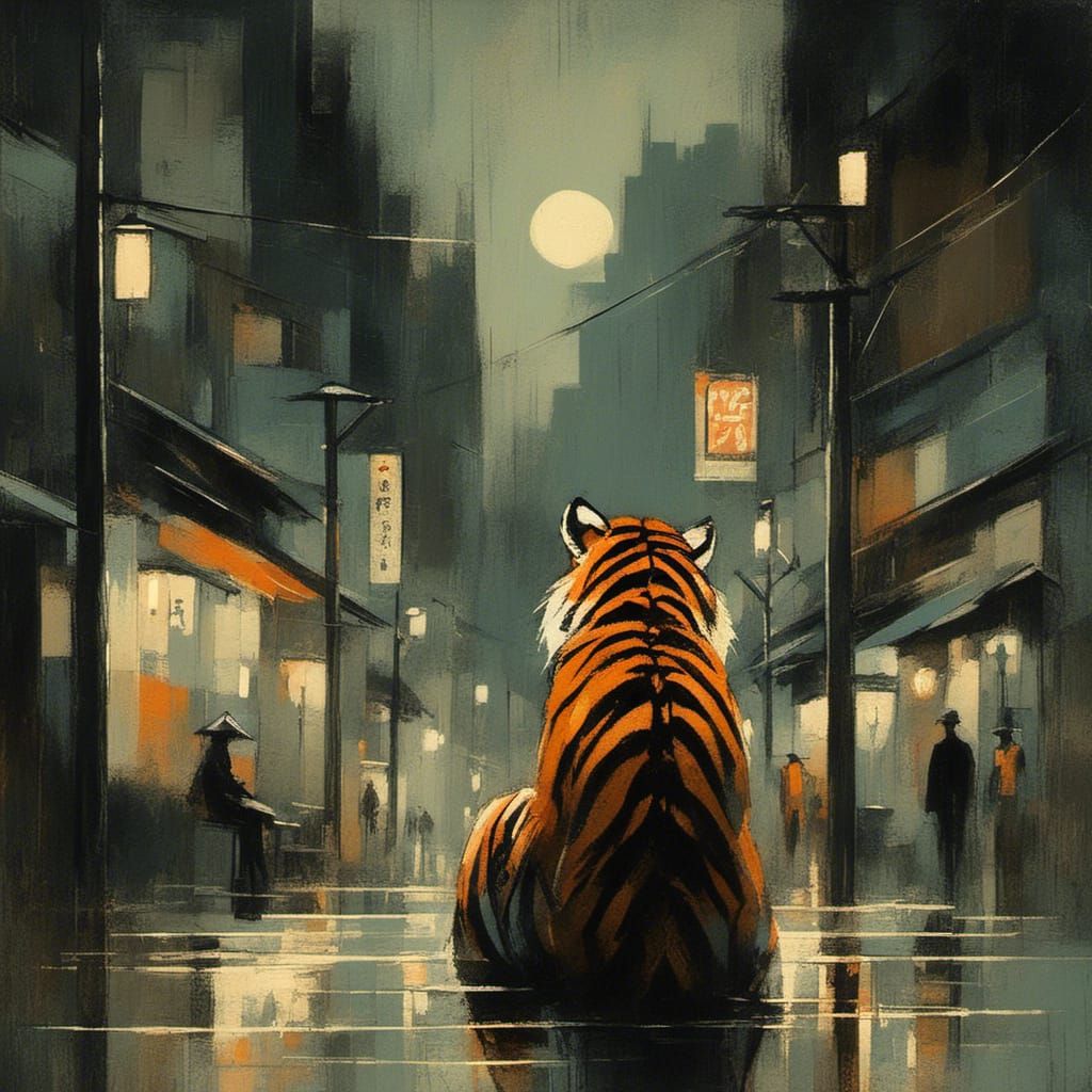 Tiger Roams Tokyo Night Cityscape