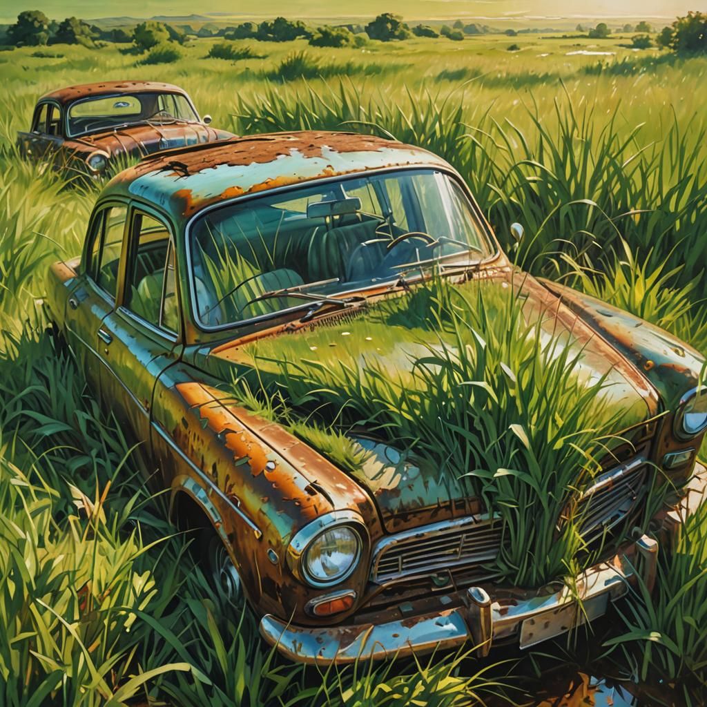 Surreal Rusty Car in Dreamlike Grassy Landscape