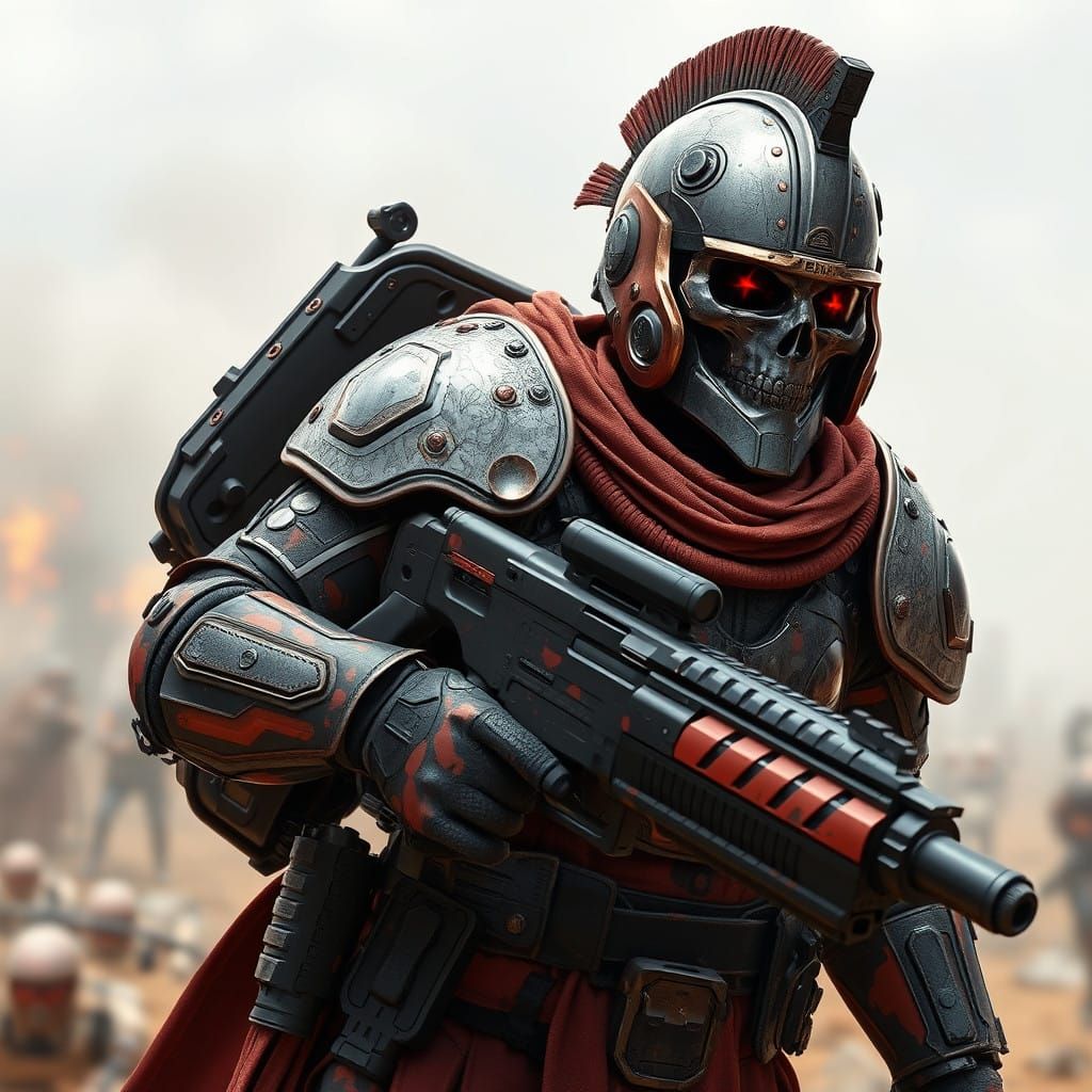 Future Roman Warrior in Skuulpunk Armor Battles in Red and B...