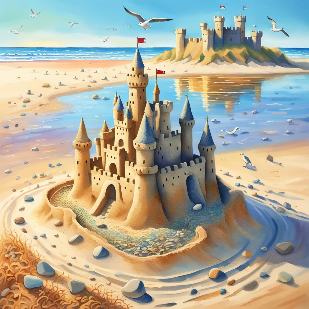 Dreamlike Sandcastle on Beach with Seagulls
