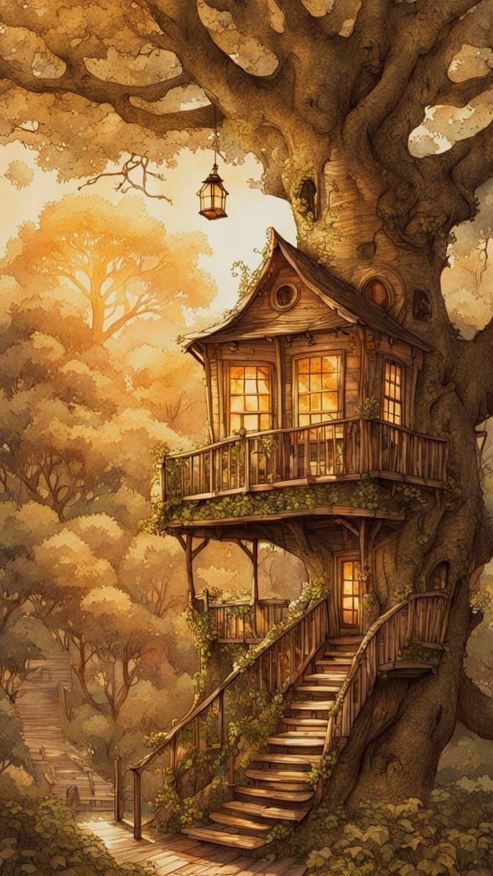 Whimsical Woodland Treehouse in Vintage Ink and Watercolour