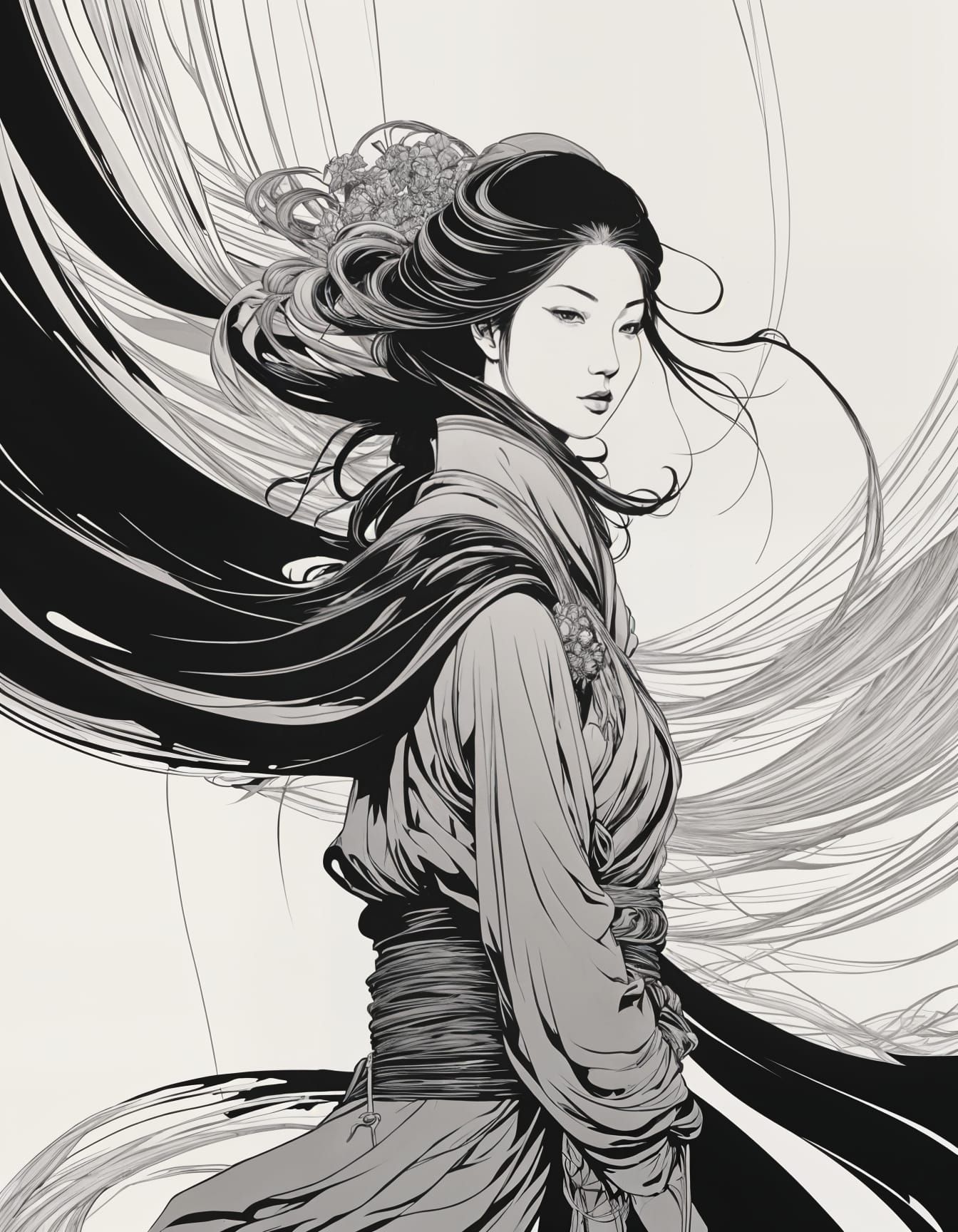 Elegant Monochrome Ninja in Minimalist Ink Lines