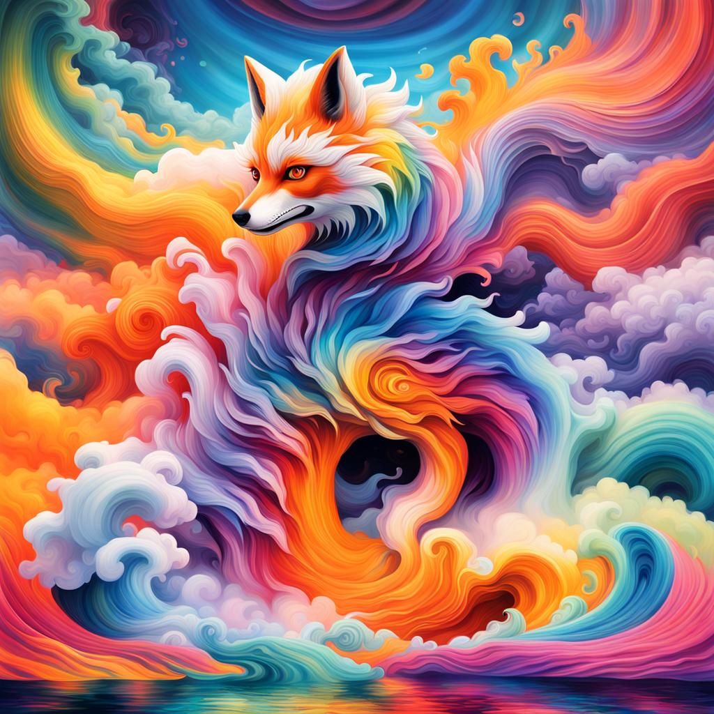 Colorful Nine-Tailed Fox in Surreal Landscape