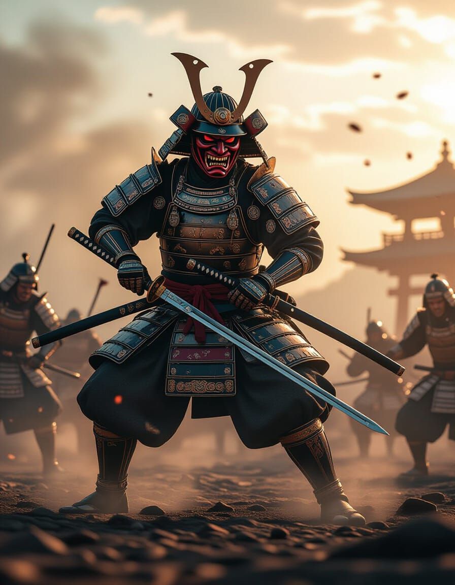 Samurai Warrior in Ukiyo-e Style with Oni Mask