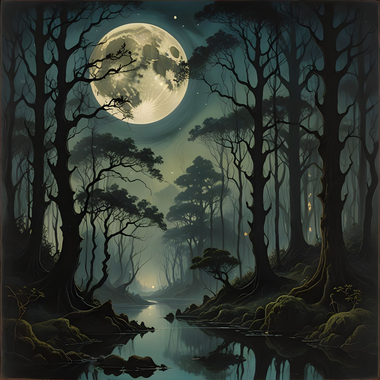 Moonlit Forest Mist in Symbolist Style