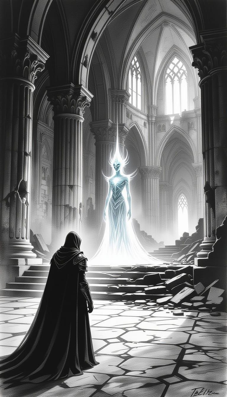 Solemn Figure in Decaying Temple Charcoal Art