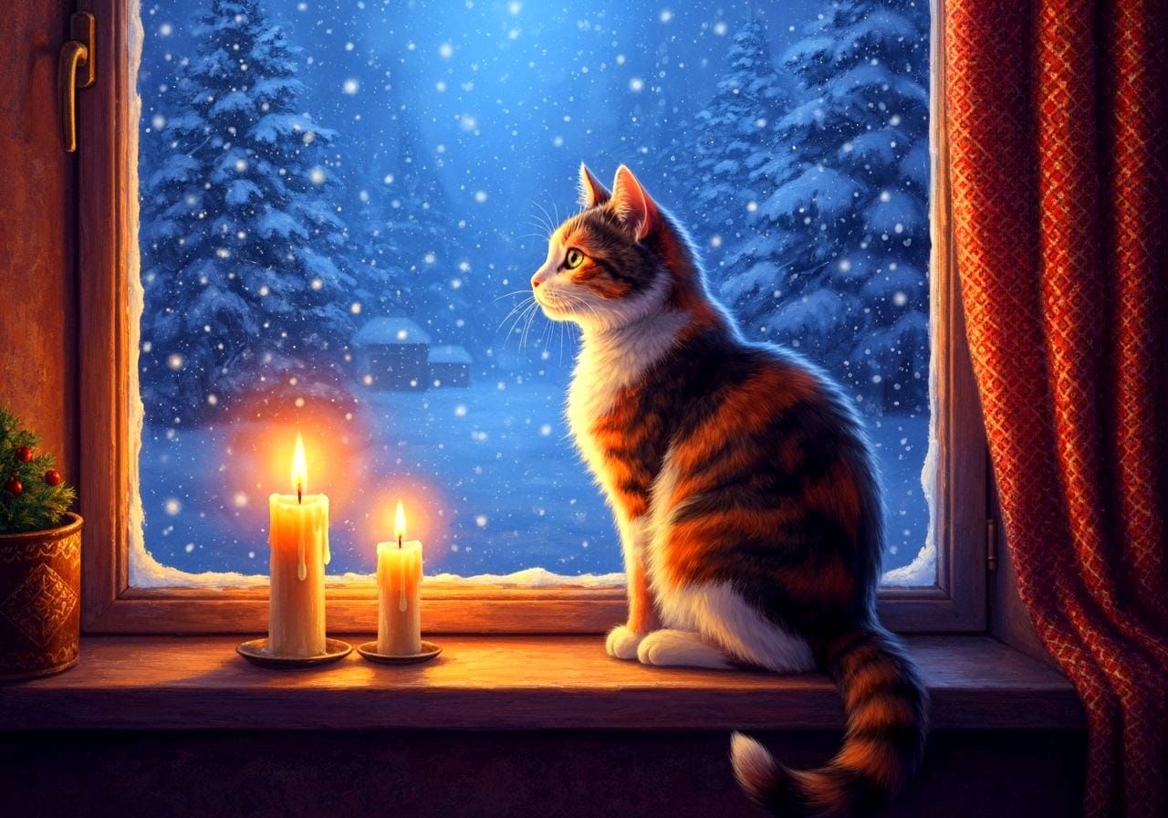 Calico Cat Gazes at Snowy Wonderland by Candlelight