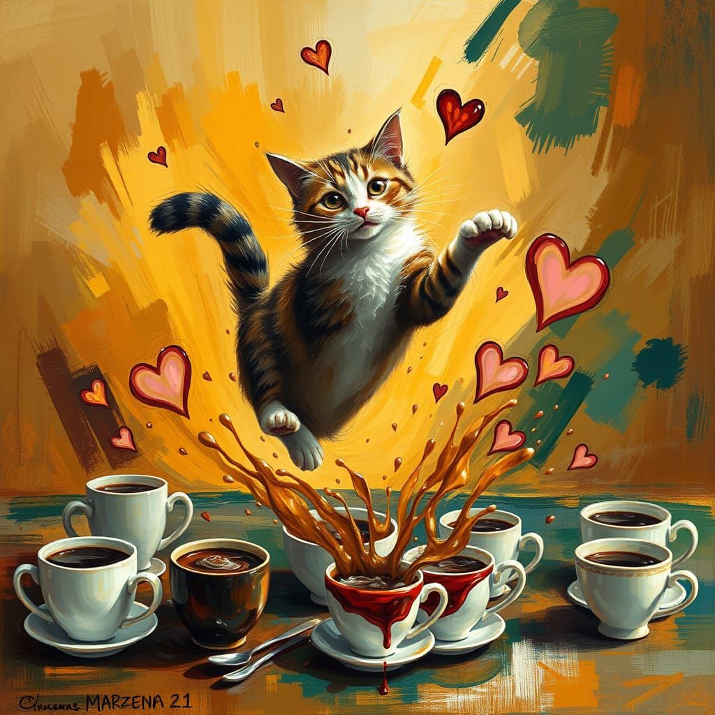 Whimsical Cat in Mid-Air, Surrounded by Vibrant Colors and A...