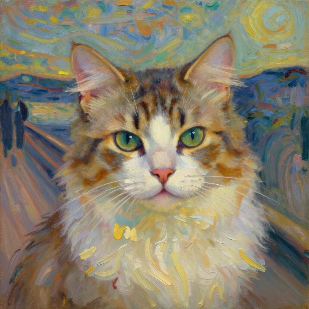 Serene Cat Portrait in Neo-Impressionist Style