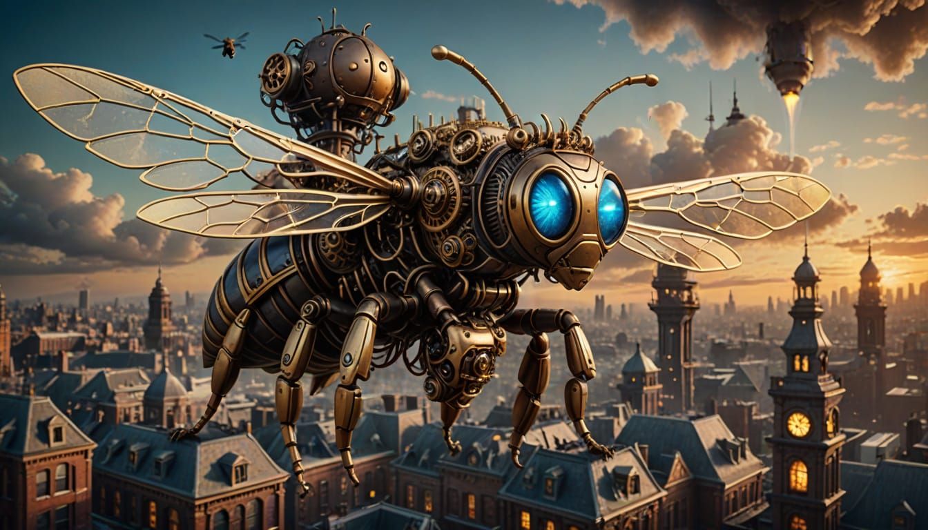 mechanical bee with brass gears and glowing blue eyes
