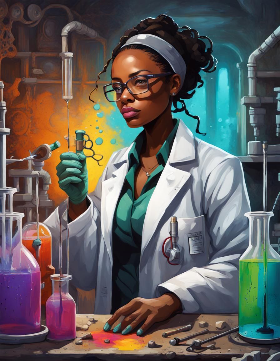 Black Female Scientist in Ancient Lab: Graffiti Art