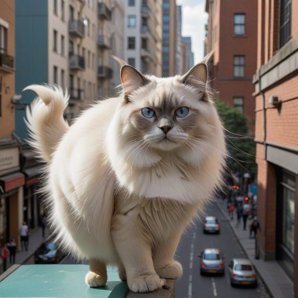Colossal Birman Cat Dominates Cityscape