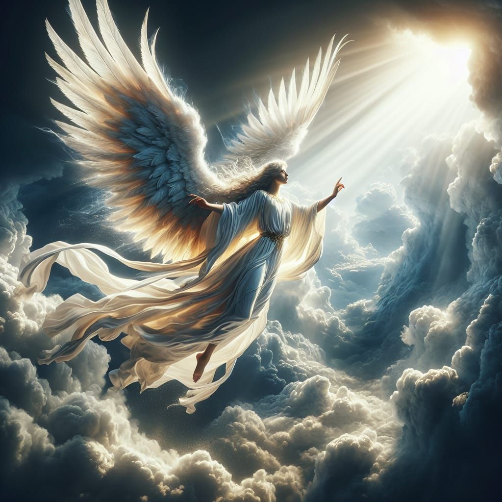 Majestic Angel Soars Through Ethereal Clouds in Hyperrealist...