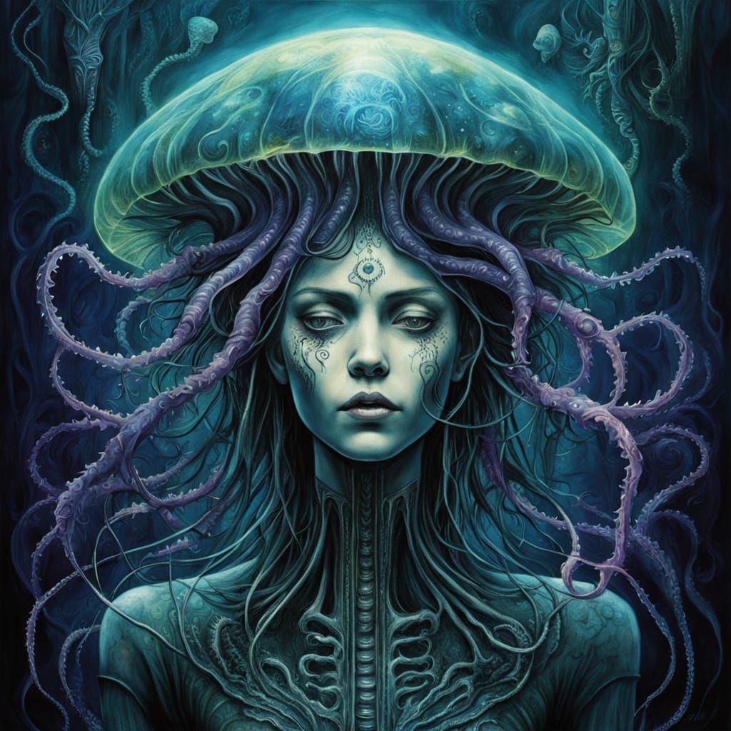 Bioluminescent Woman-Faced Jellyfish in Starry Abyss