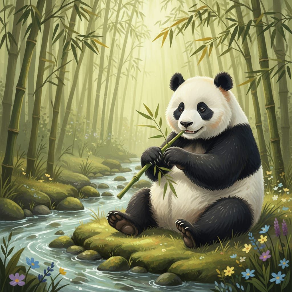 Giant Panda Eats Bamboo by Stream in Forest
