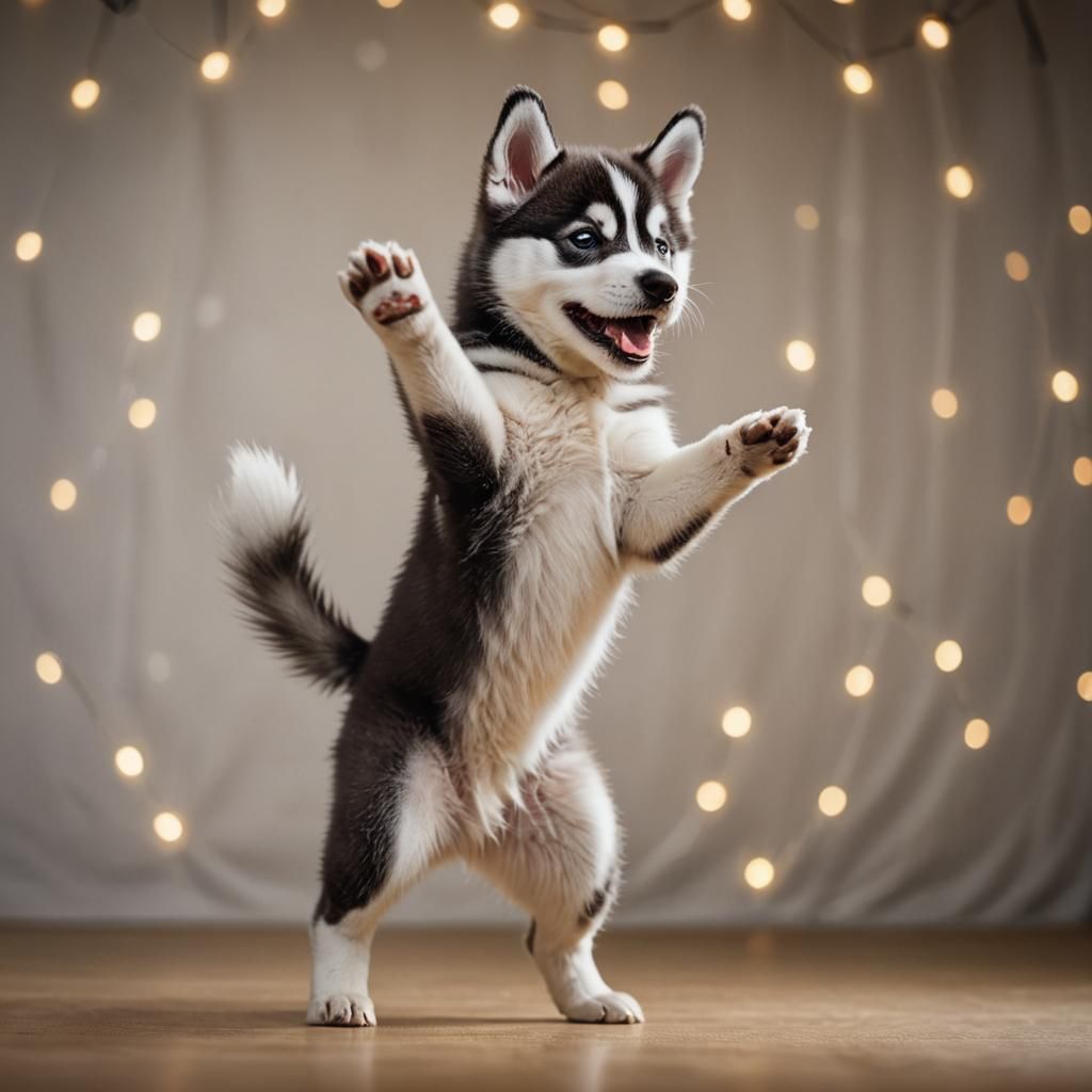 Dancing Husky Puppy on Stage in Bokeh