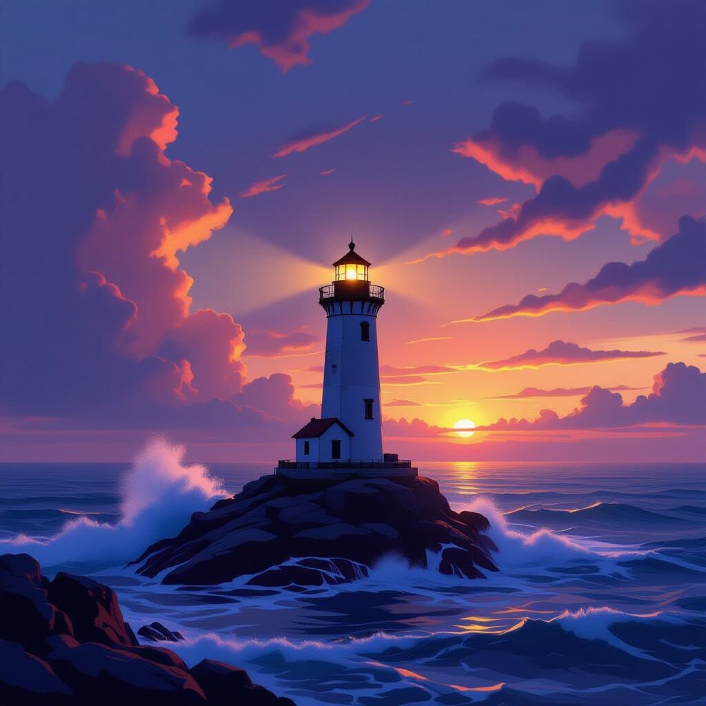Lighthouse at Dawn and Dusk Over Churning Sea