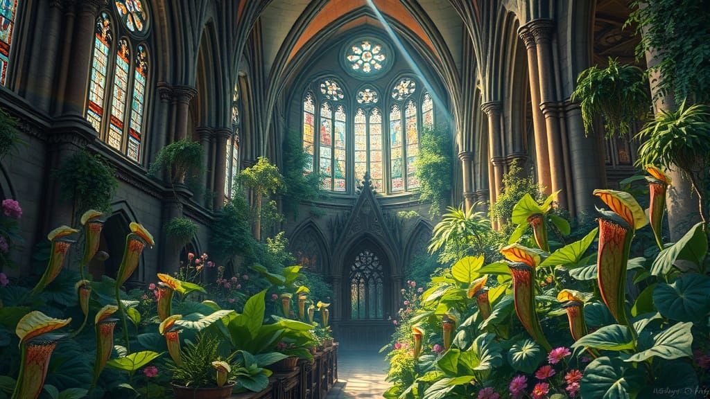 Gothic Cathedral Reclaimed by Nature, Alphonse Mucha Style