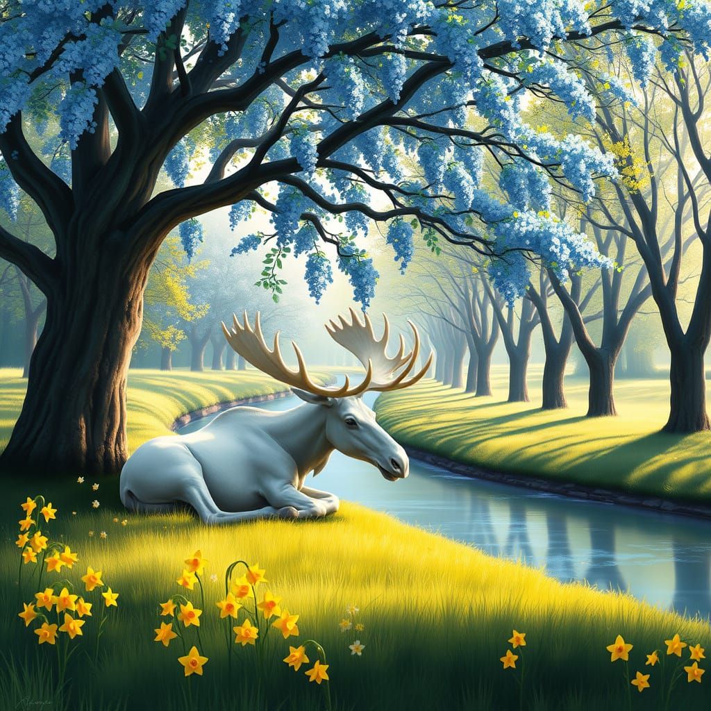 Serene White Moose in Dreamy Landscape