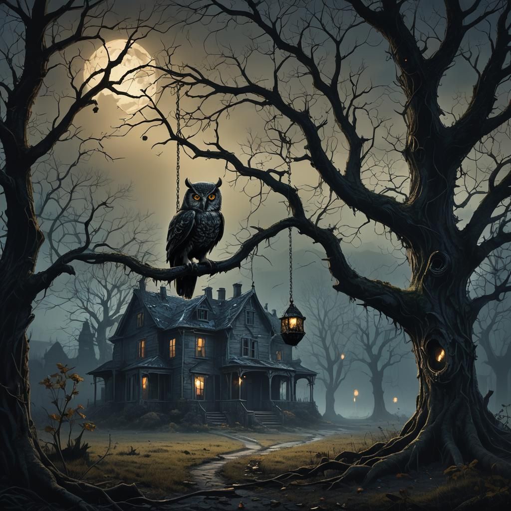 Abandoned Manor with Creepy Tree Swing in Dark Fantasy