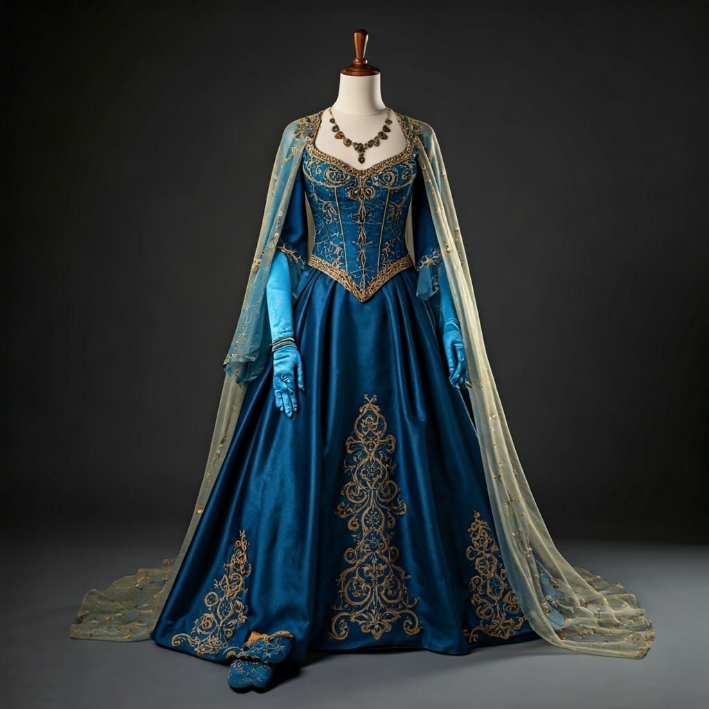 Regal Fantasy Gown in Sapphire Blue with Golden Embroidery