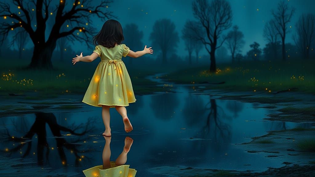 Impressionistic Girl in Dreamy Nocturnal Landscape