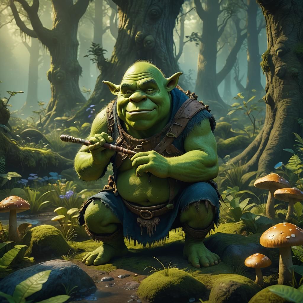Shrek Plays Flute in Mystical Forest: Fantasy Art