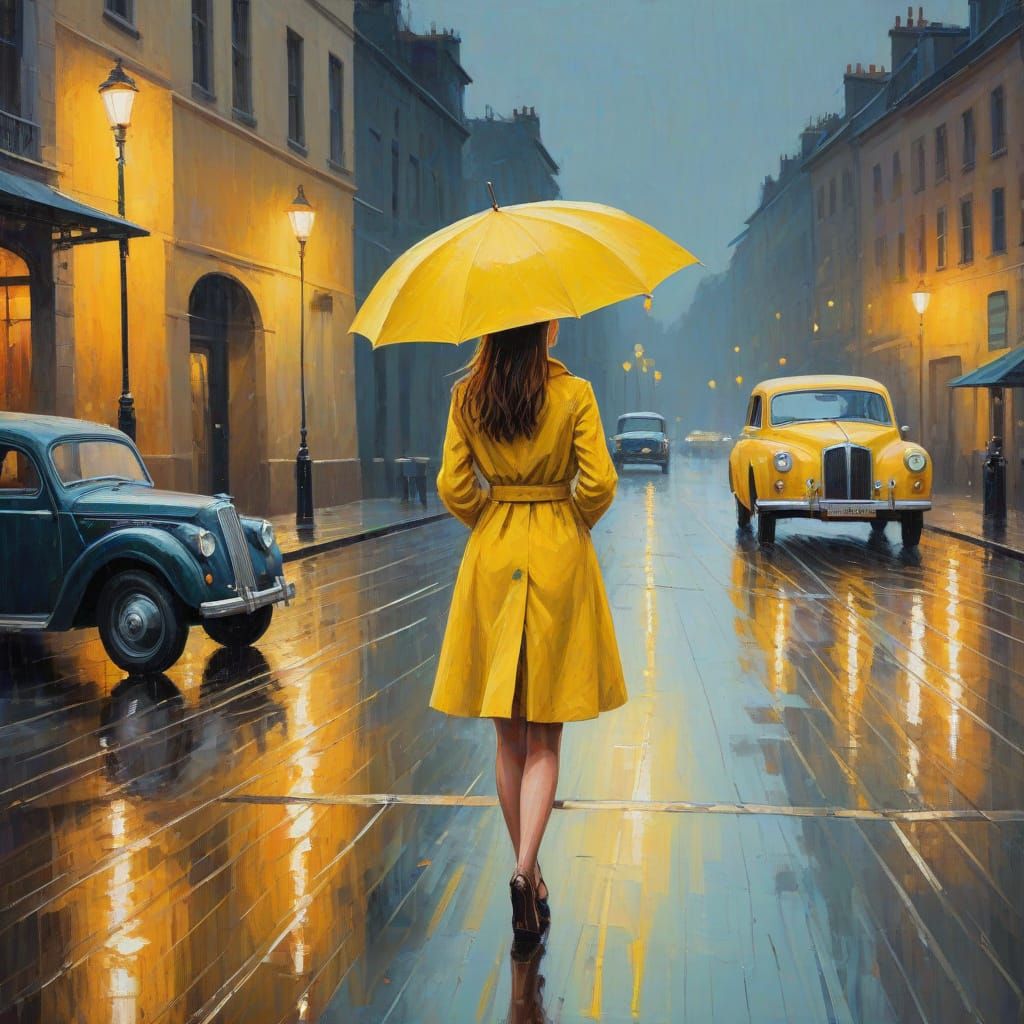 Girl with Yellow Umbrella in Rainy Night Oil Painting