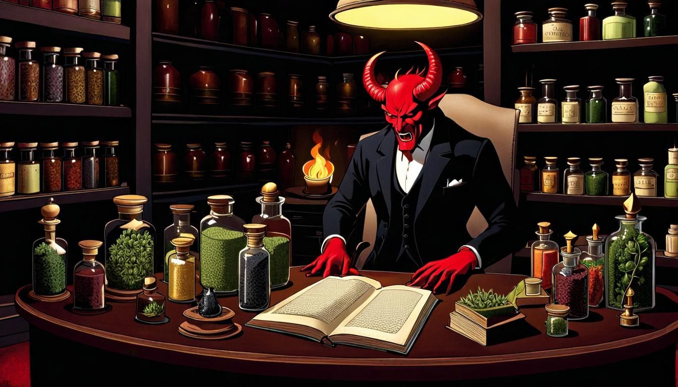 Demonic Shopkeeper in Antique Pharmacy, Cel-Shaded