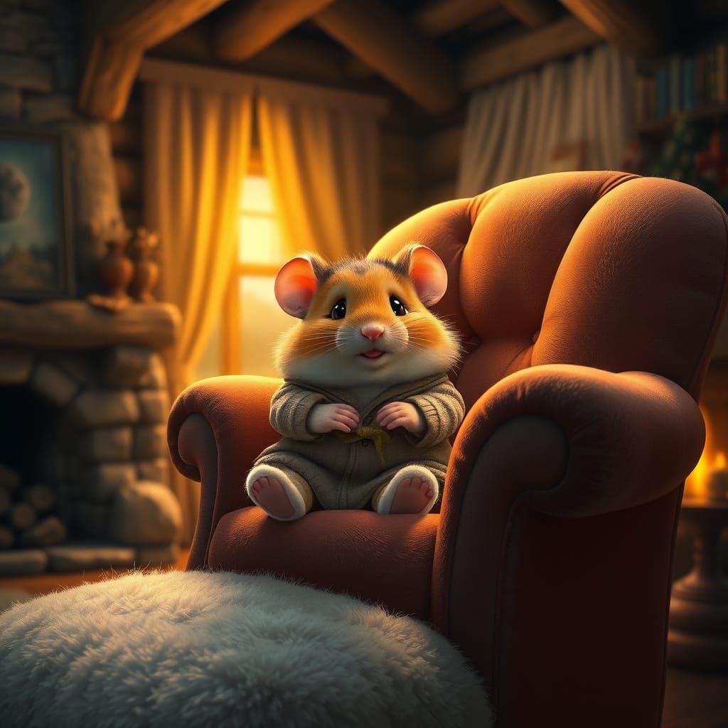 Cozy Hamster Cabin at Sunset in Whimsical Fantasy Style