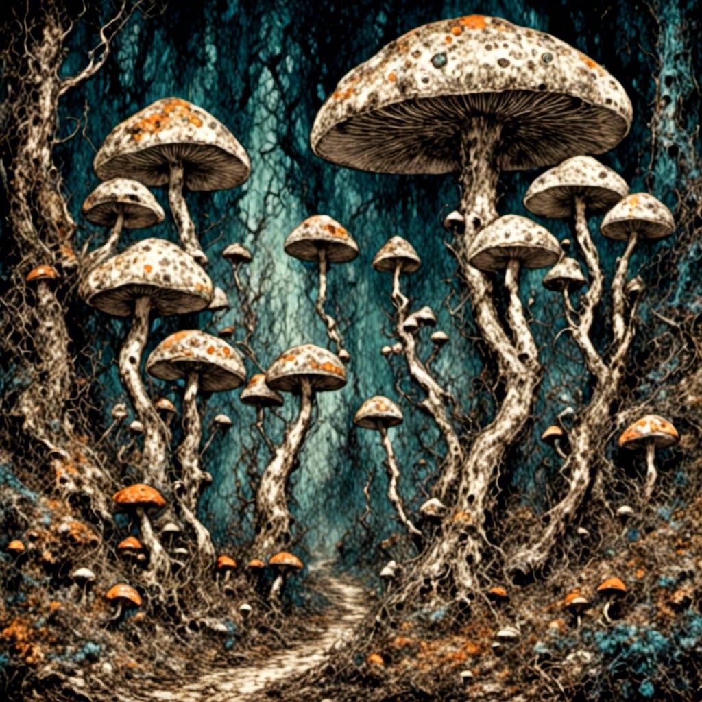 Fauvist Spore Larva in Psychedelic Mushroom Forest