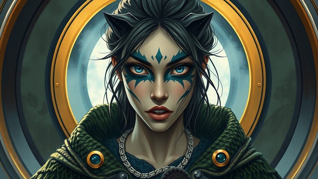 Anime Woman with Moss Cloak and Golden Portal