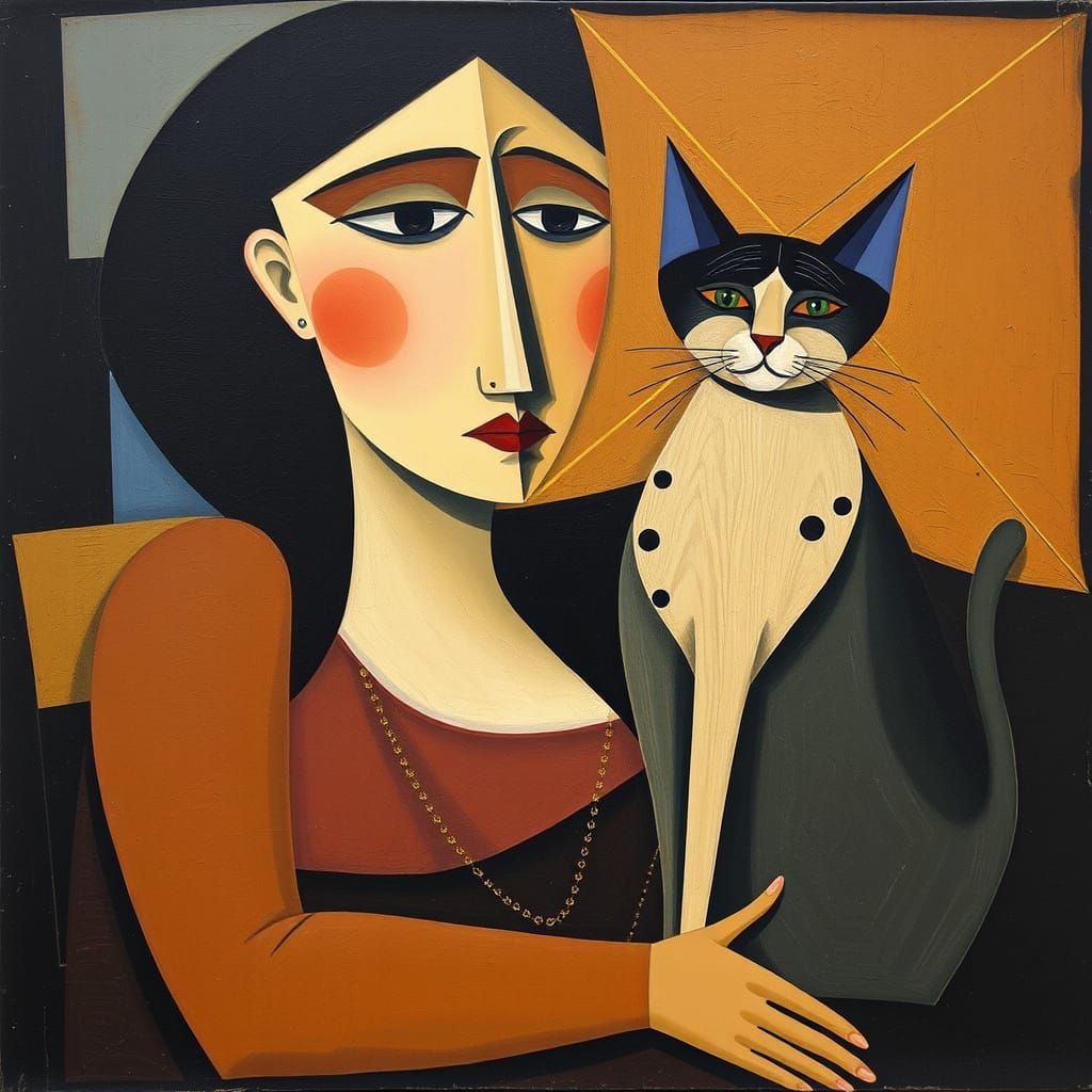 Woman and Cat Cubist Artwork