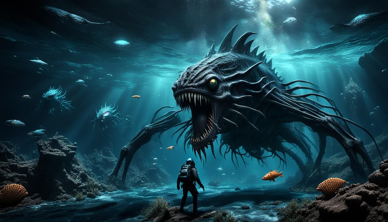 Aquatic Alien Monster Attack in Deep Sea Abyss