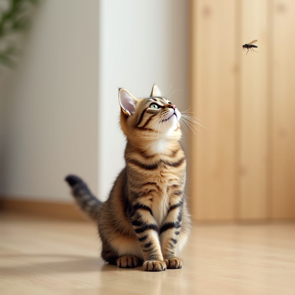 Curious Cat Watches Fly on Wall in Cozy House